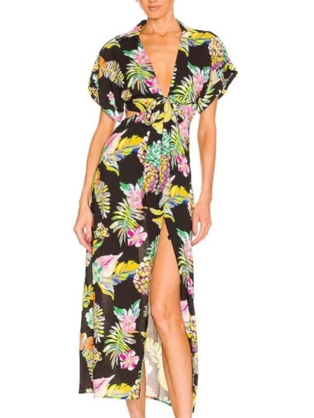 Le Superbe Mai Tai mighty Tie-Front Black Maxi Dress tropical print size 10